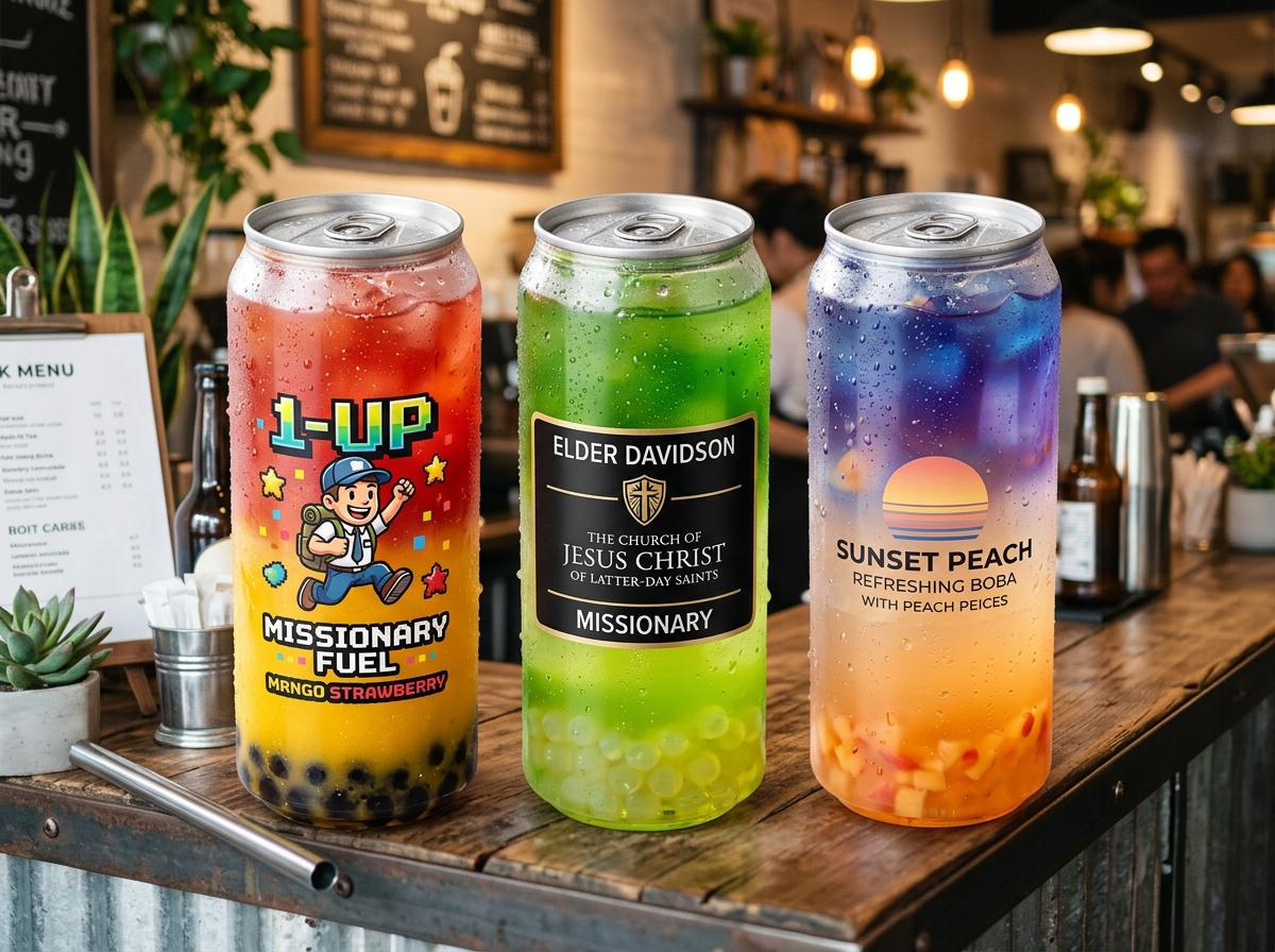 Clear pop top cans with custom soda, layered colors, and colorful boba pearls at the bottom