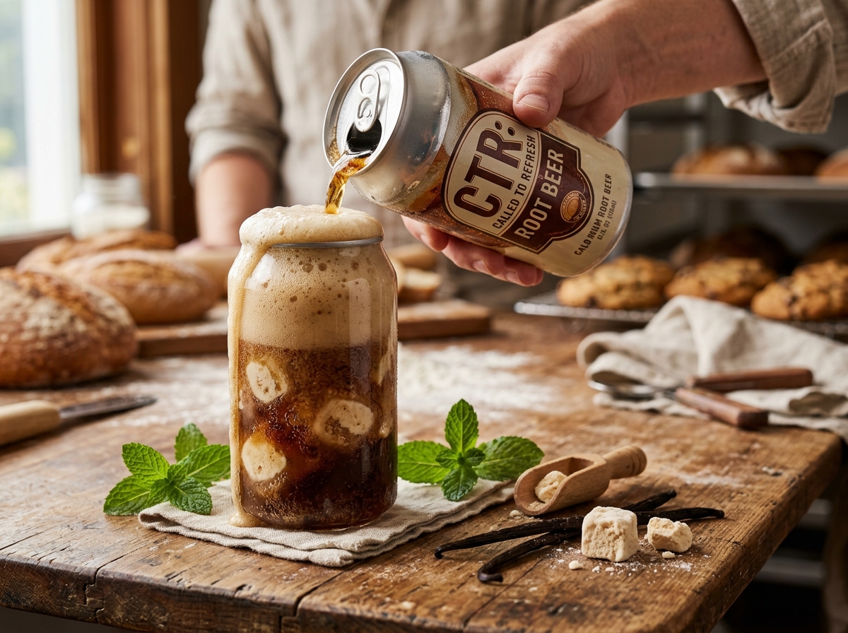 Pouring cold CTR root beer soda into a clear can of freeze-dried ice cream to make an instant float